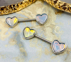 A Set og 14G Illumination Opal Heart Nipple Barbells. Nipple Jewelry. Nipple Piercing.