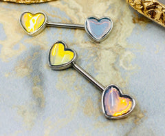 A Set og 14G Illumination Opal Heart Nipple Barbells. Nipple Jewelry. Nipple Piercing.