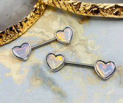 A Set og 14G Illumination Opal Heart Nipple Barbells. Nipple Jewelry. Nipple Piercing.