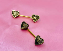 Pair of 14G Antique Gold Heart Cross Centered Nipple Barbell. Nipple Jewelry. Nipple Piercing.