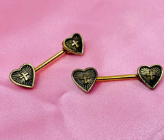 Pair of 14G Antique Gold Heart Cross Centered Nipple Barbell. Nipple Jewelry. Nipple Piercing.