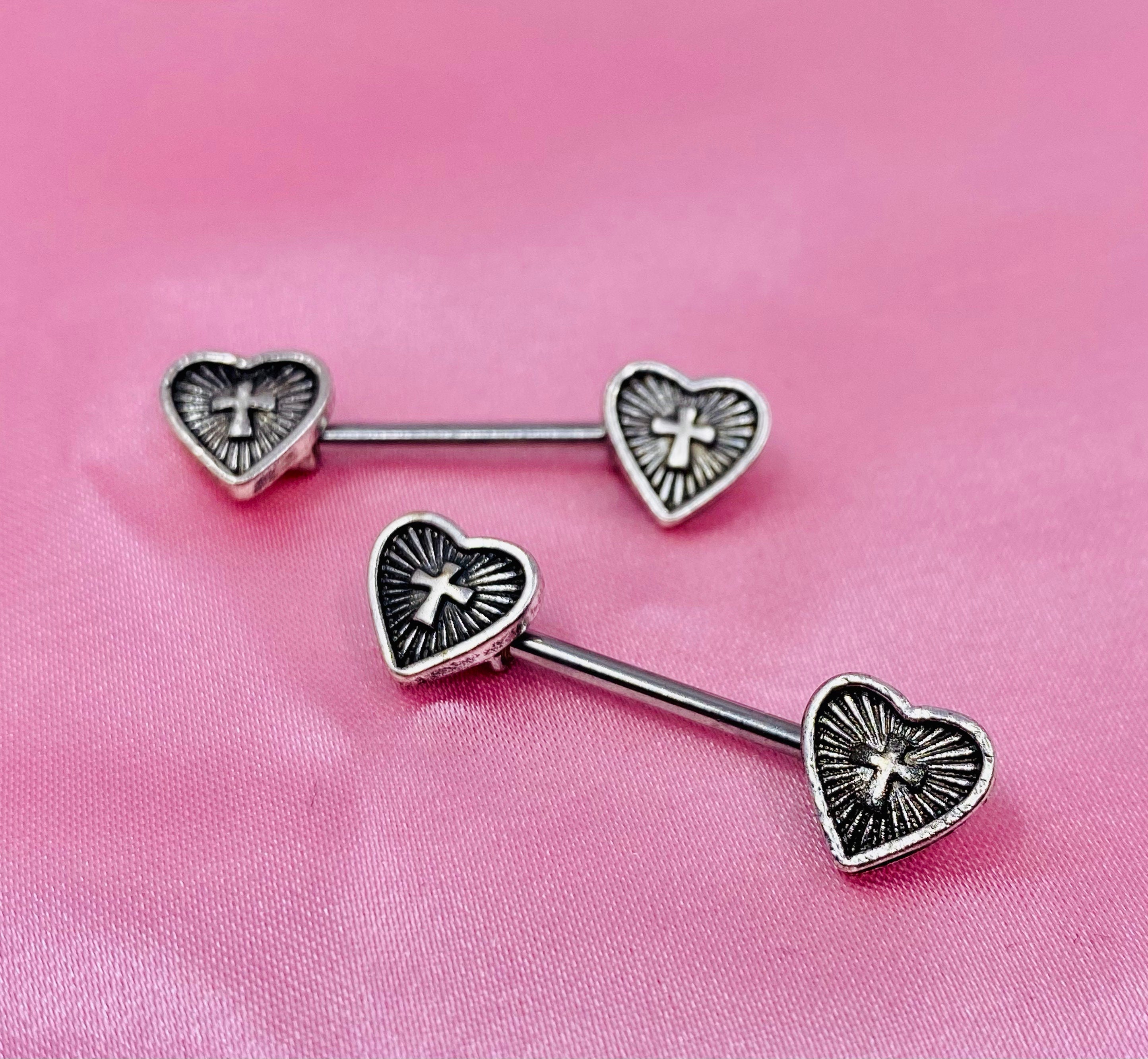 Pair of 14G Antique Silver Heart Cross Centered Nipple Barbell. Nipple Jewelry. Nipple Piercing.