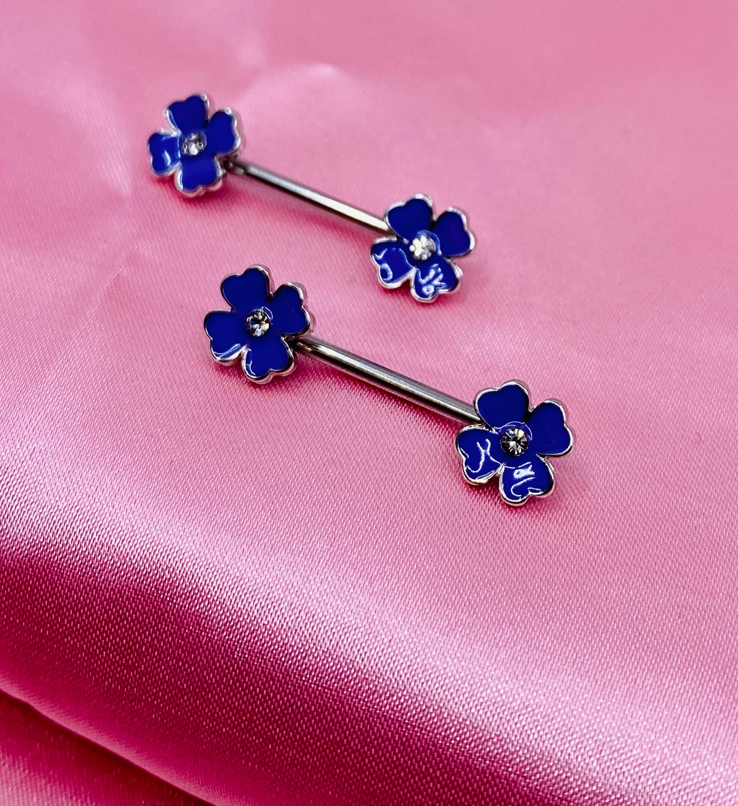 Pair of Purple and Gold Clover Flower with Clear Stone Nipple Barbell. Nipple Piercing. Nipple Jewelry.