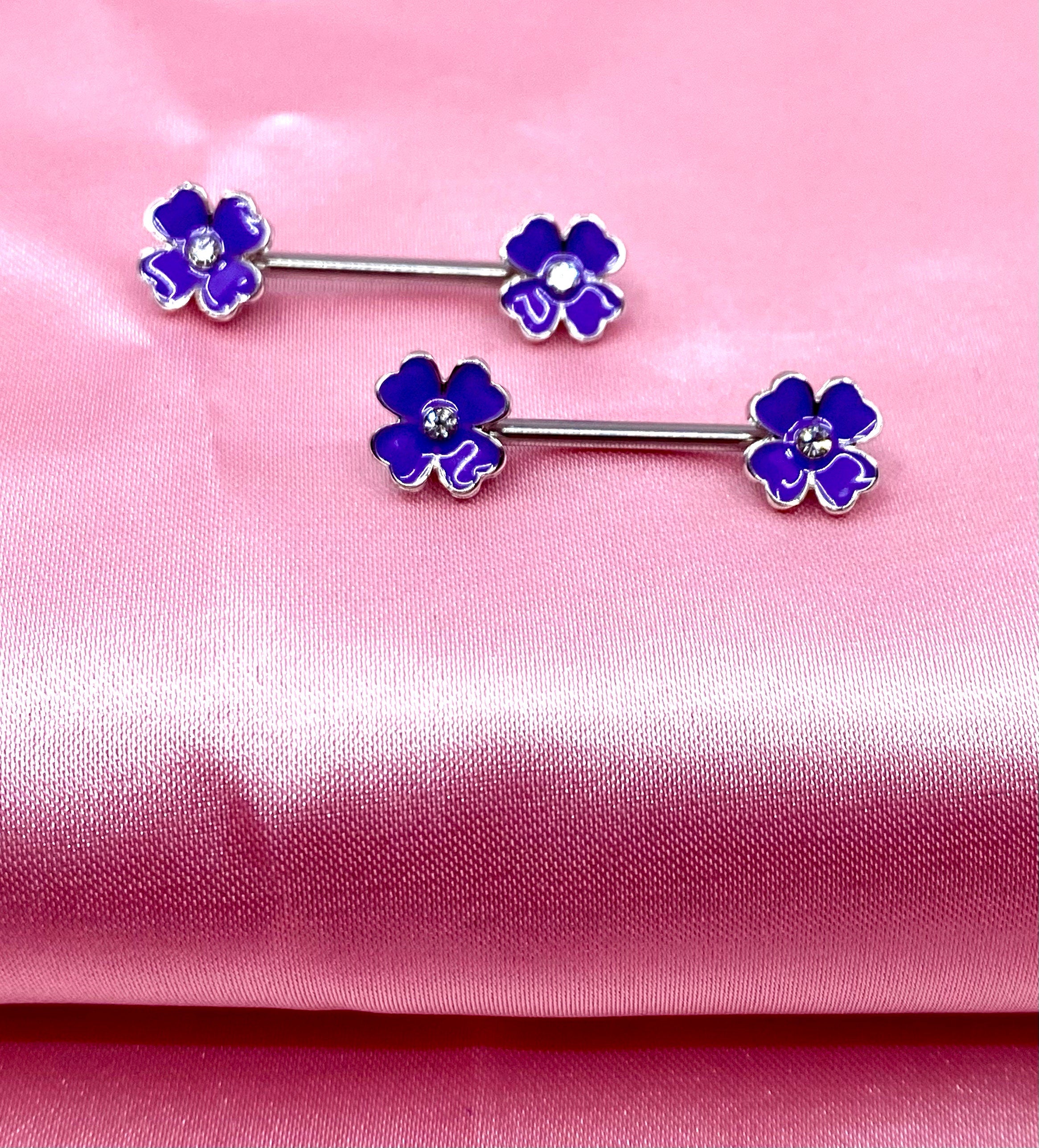 Pair of Purple and Gold Clover Flower with Clear Stone Nipple Barbell. Nipple Piercing. Nipple Jewelry.