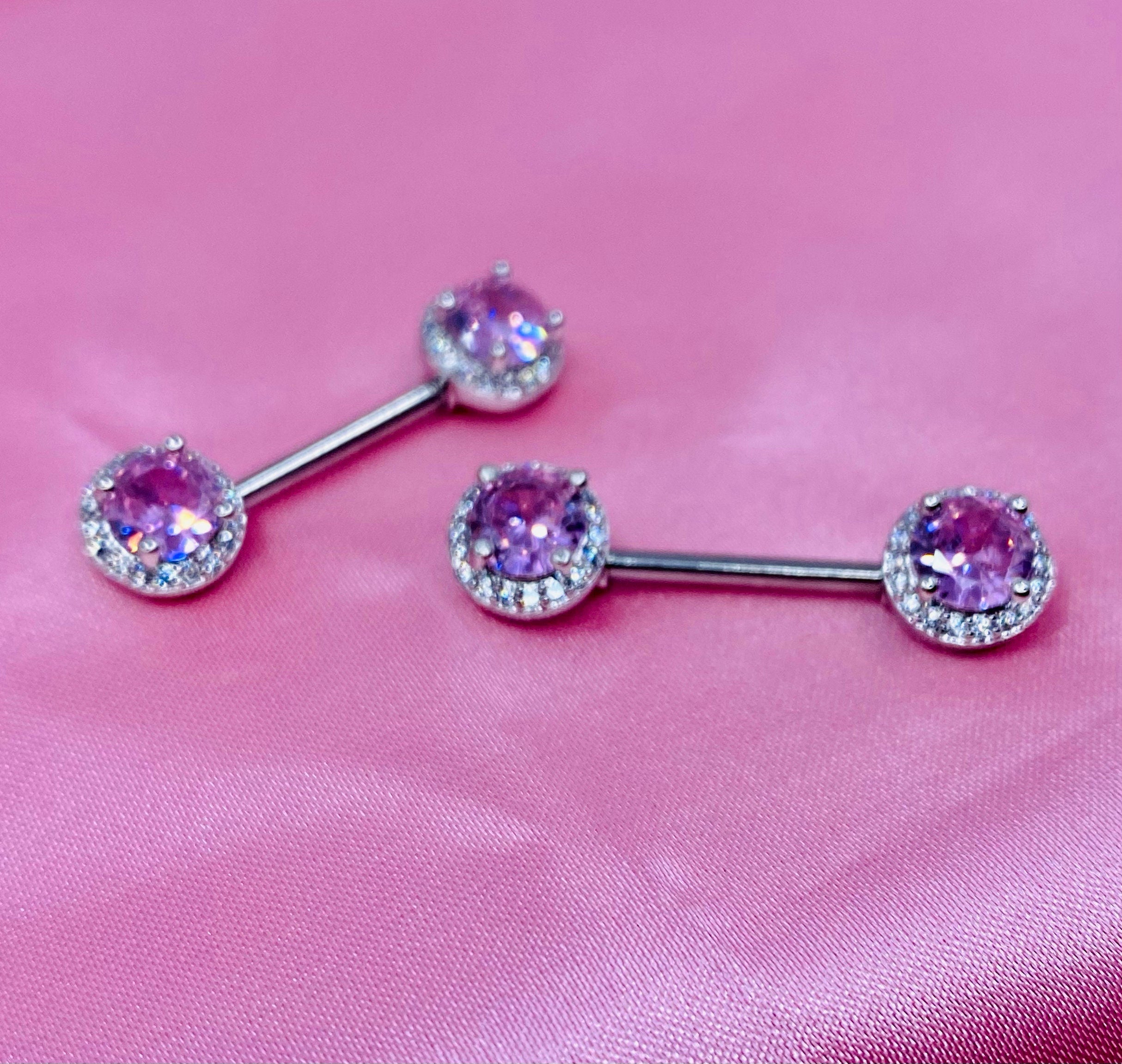 14G Pink Round Crystal Gem Paved Nipple Barbell. Nipple Piercing. Nipple Jewelry.