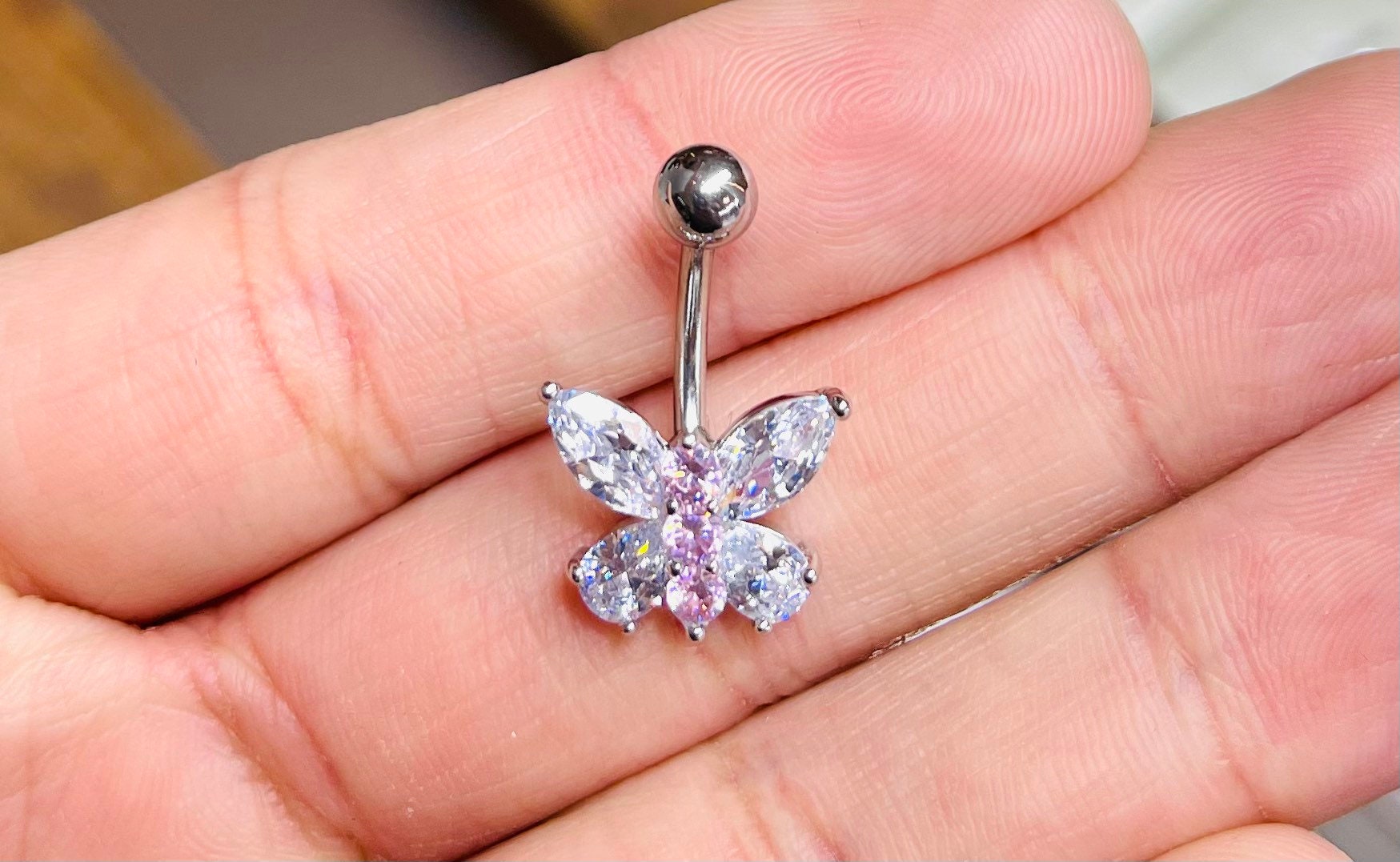 Dainty Two Tone Pink Butterfly Belly Ring. Belly Piercing. Navel Piercing. Body Jewelry. Belly Button Ring.