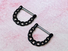 Pair of 14G Black Linked Chain Style Nipple Clickers. Nipple Rings. Nipple Piercing. Nipple Barbells. Nipple Jewelry. Body Jewelry.