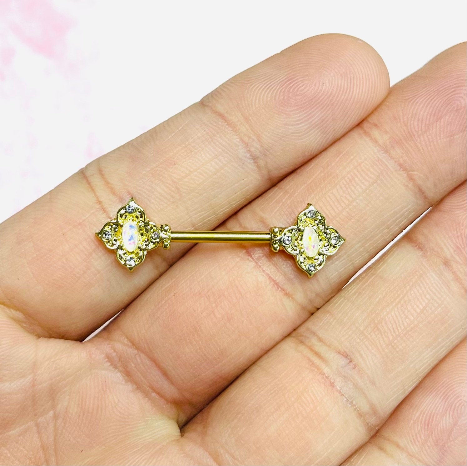 Pair of 14G Gold Floral Filigree with Crystals and White Opal Center Nipple Barbell. Nipple Rings. Nipple Piercing. Nipple Jewelry.