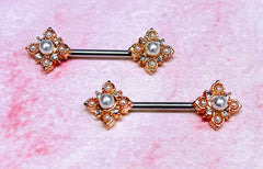 14G Rose Gold Vintage White Pearl Flower Ends Nipple Barbell Jewelry for Woman. Nipple Piercing. Nipple Rings