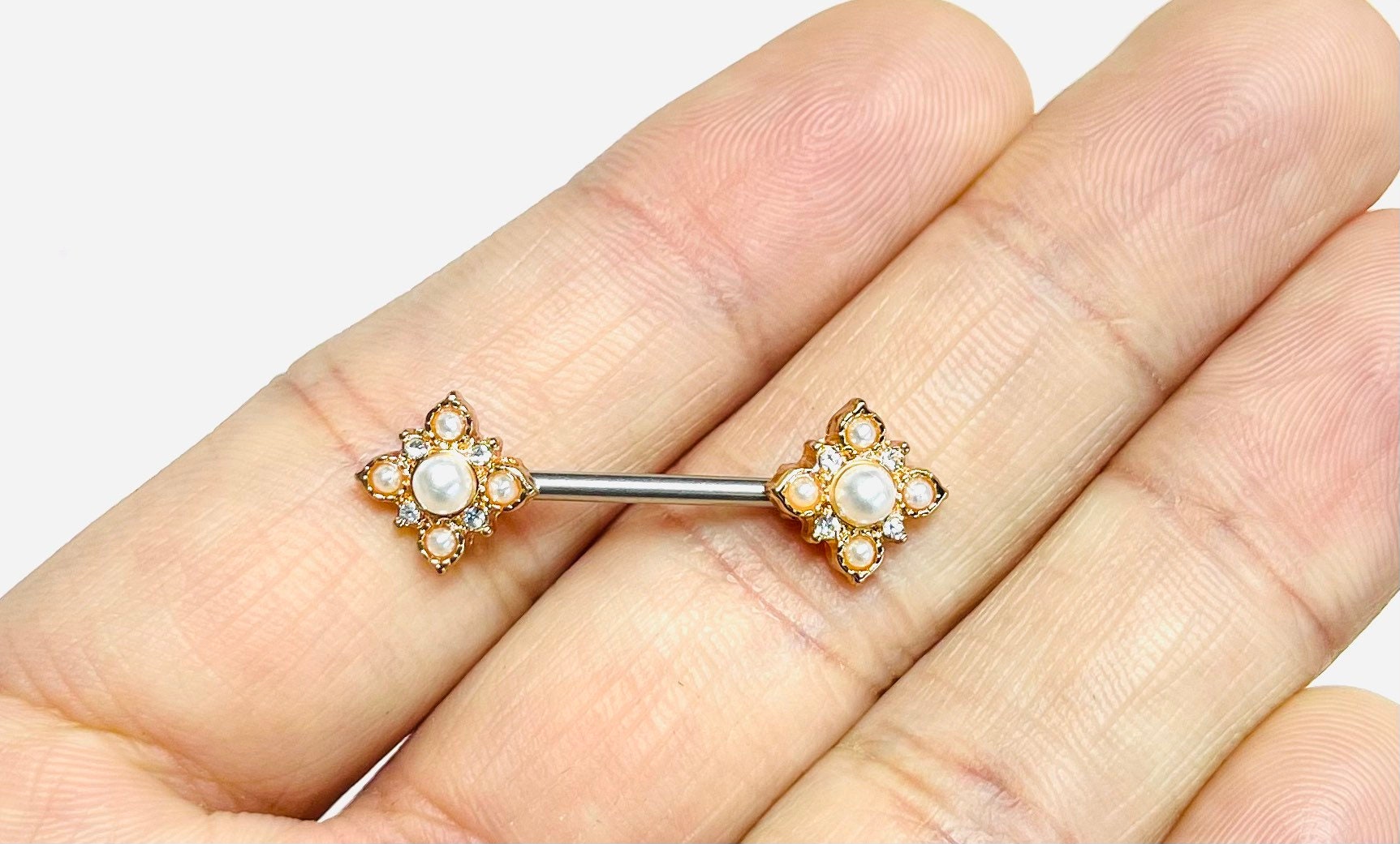 14G Rose Gold Vintage White Pearl Flower Ends Nipple Barbell Jewelry for Woman. Nipple Piercing. Nipple Rings