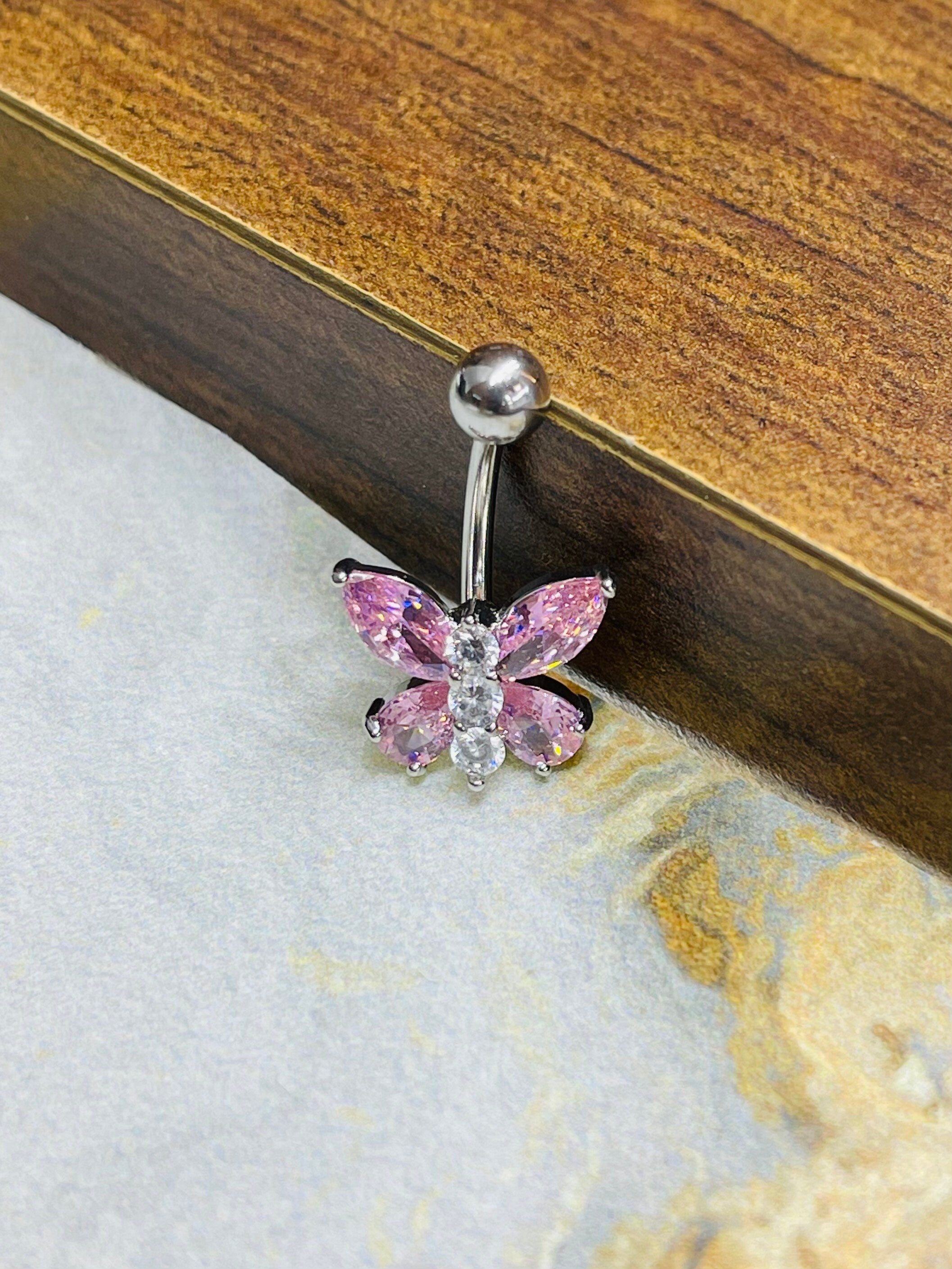 Dainty Pink Butterfly Belly Ring. Belly Piercing. Navel Piercing. Body Jewelry. Belly Button Ring.