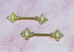 Pair of 14G Gold Floral Filigree with Crystals and White Opal Center Nipple Barbell. Nipple Rings. Nipple Piercing. Nipple Jewelry.