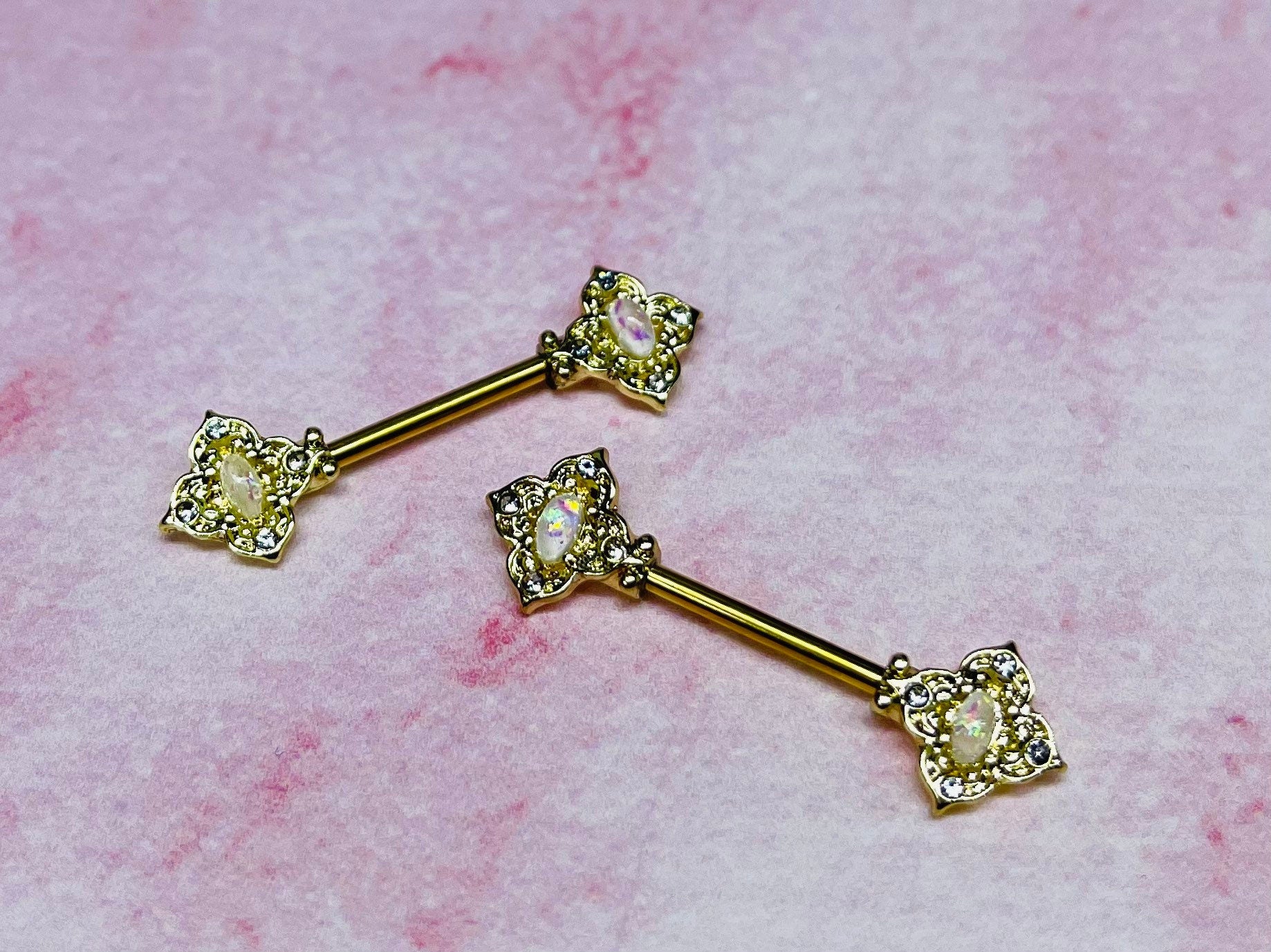 Pair of 14G Gold Floral Filigree with Crystals and White Opal Center Nipple Barbell. Nipple Rings. Nipple Piercing. Nipple Jewelry.