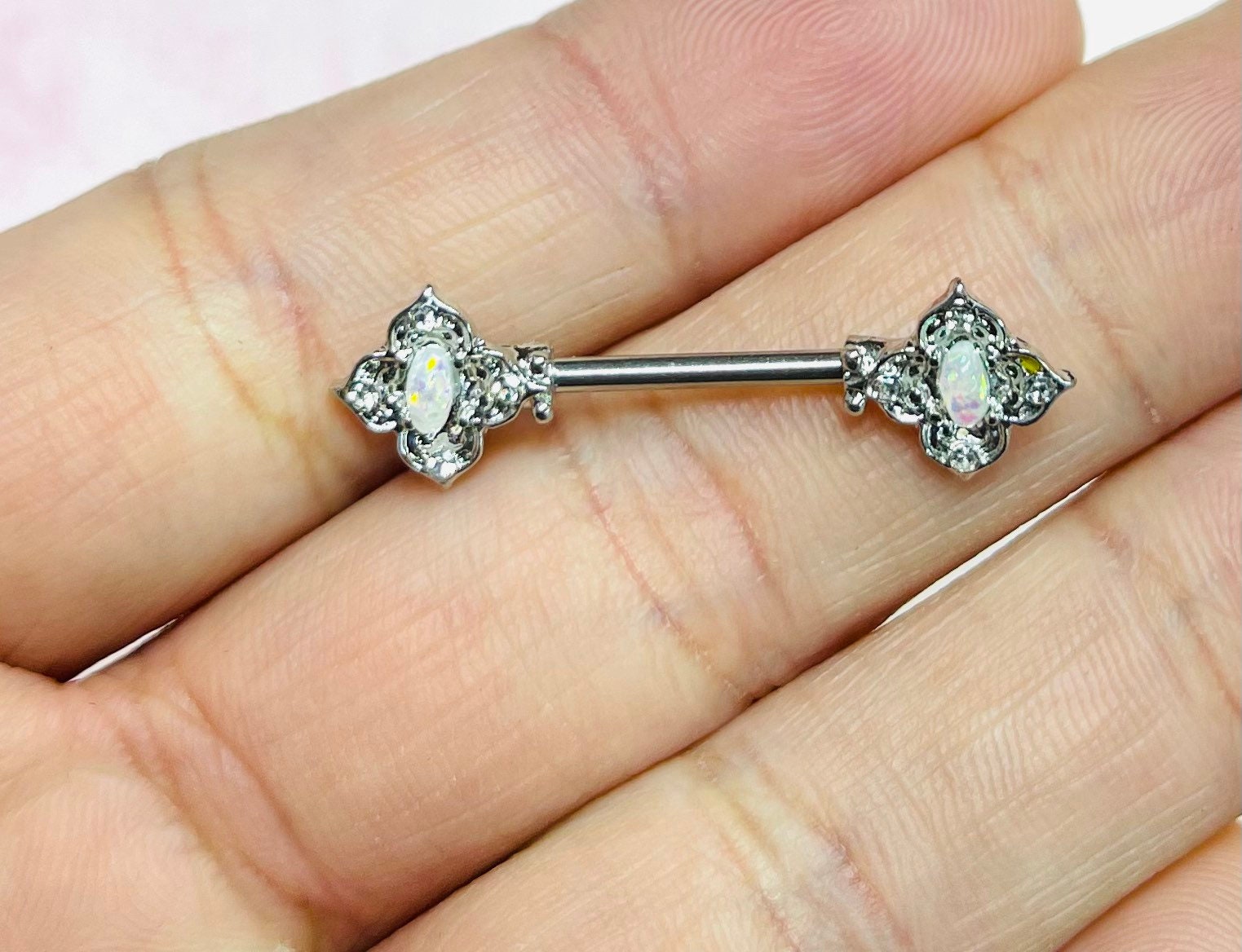 Pair of 14G Silver Floral Filigree with Crystals and White Opal Center Nipple Barbell. Nipple Rings. Nipple Piercing. Nipple Jewelry.