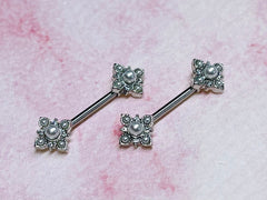 Pair of 14G Silver Vintage White Pearl Paved Flower Ends Nipple Barbells. Nipple Piercing. Nipple Rings. Nipple Jewelry. Body Jewelry.