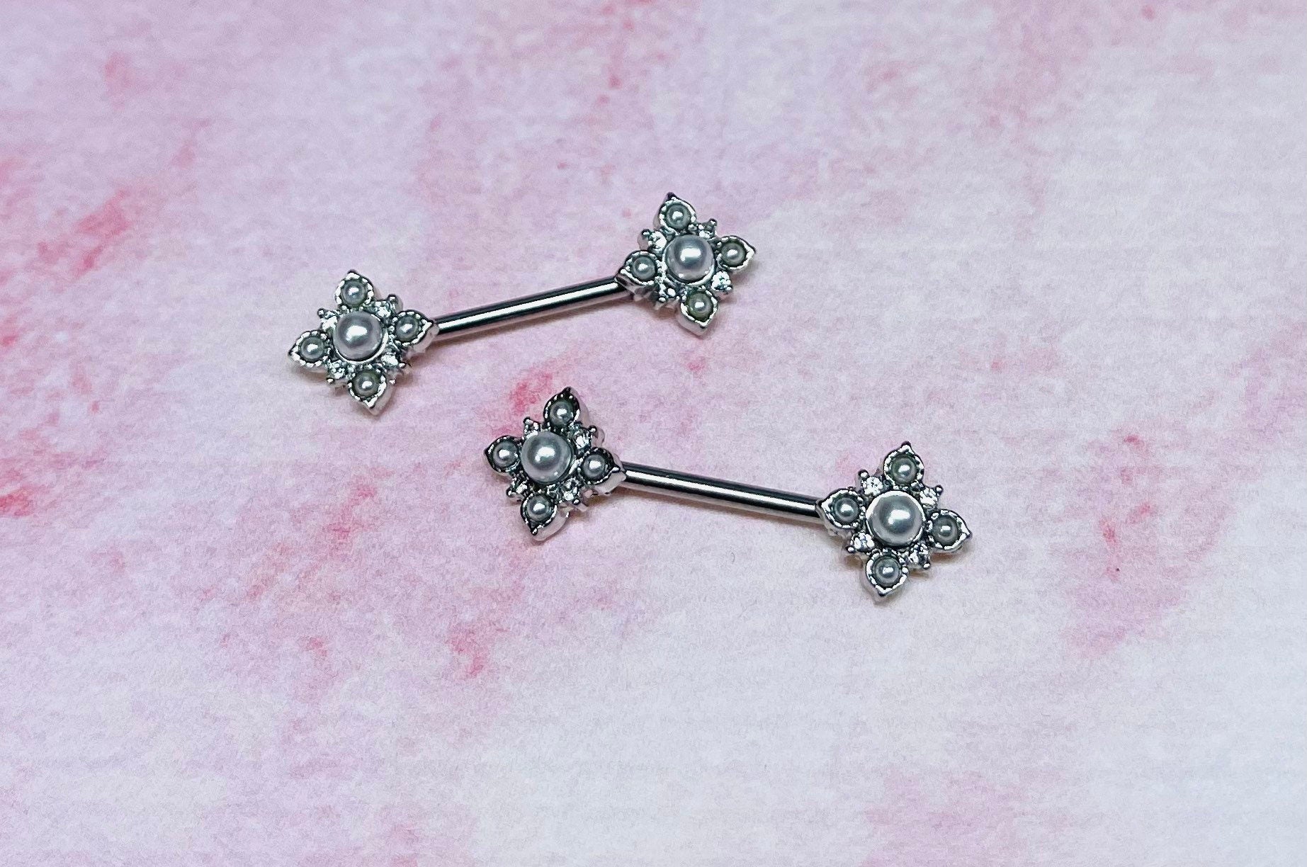 Pair of 14G Silver Vintage White Pearl Paved Flower Ends Nipple Barbells. Nipple Piercing. Nipple Rings. Nipple Jewelry. Body Jewelry.