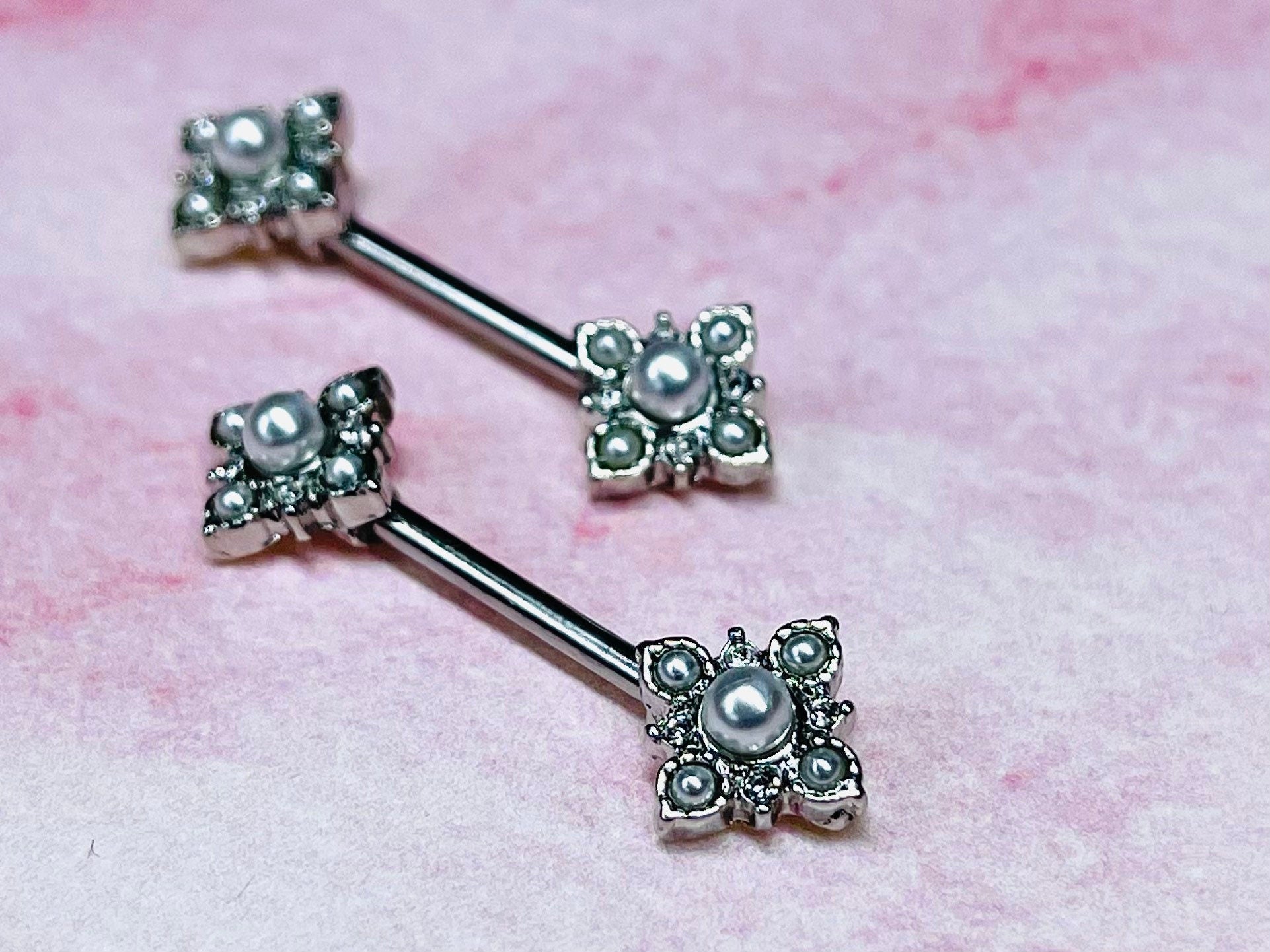 Pair of 14G Silver Vintage White Pearl Paved Flower Ends Nipple Barbells. Nipple Piercing. Nipple Rings. Nipple Jewelry. Body Jewelry.