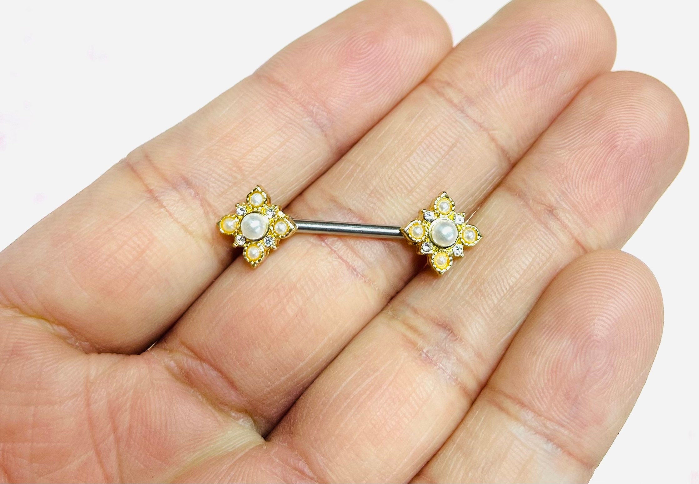 Pair of 14G Gold Vintage White Pearl Paved Flower Ends Nipple Barbells. Nipple Piercing. Nipple Rings. Nipple Jewelry. Body Jewelry.