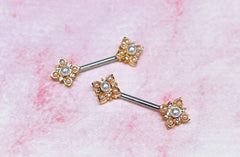 14G Rose Gold Vintage White Pearl Flower Ends Nipple Barbell Jewelry for Woman. Nipple Piercing. Nipple Rings