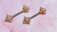 14G Rose Gold Vintage White Pearl Flower Ends Nipple Barbell Jewelry for Woman. Nipple Piercing. Nipple Rings