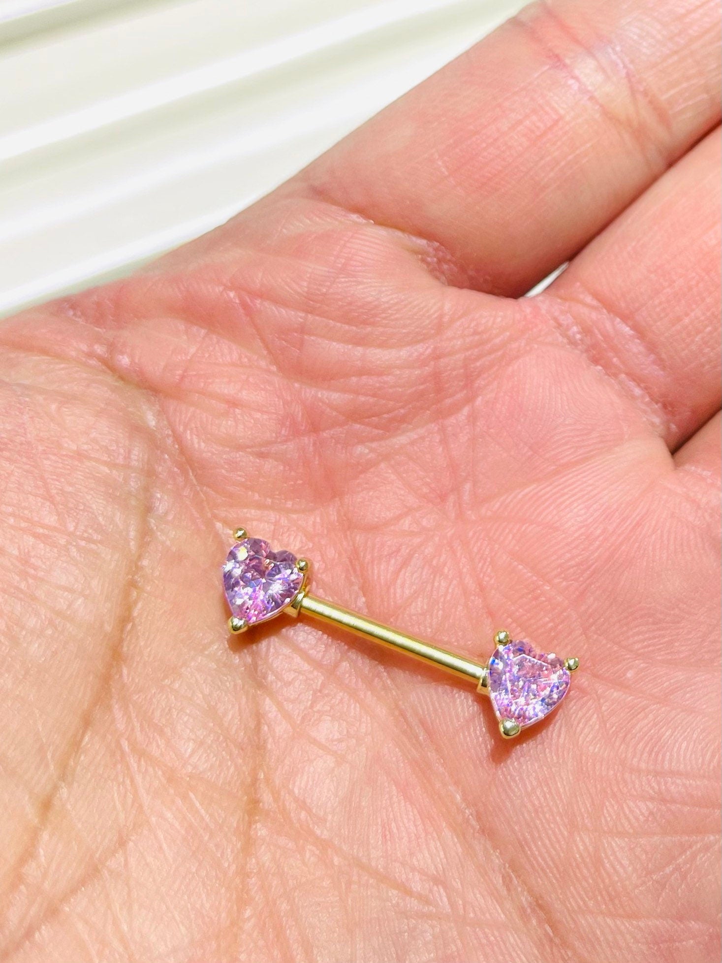 Pair of 14G Gold Pink Heart Nipple Barbells. Nipple Piercing. Nipple Rings. Nipple Jewelry. Body Jewelry. Heart Nipple Ring