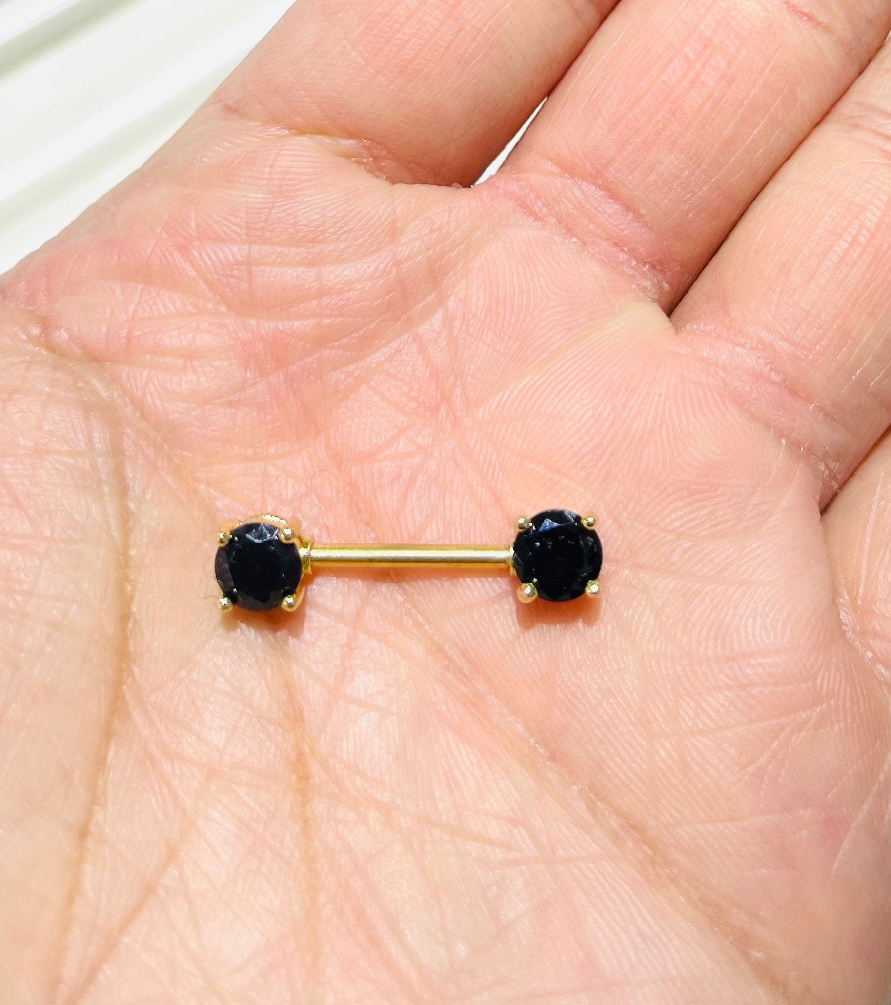 Pair of 14G Gold and Black Round Gems Nipple Barbells. Nipple Piercing. Nipple Ring. Nipple Jewelry. Body Jewelry. Nipple Barbells.