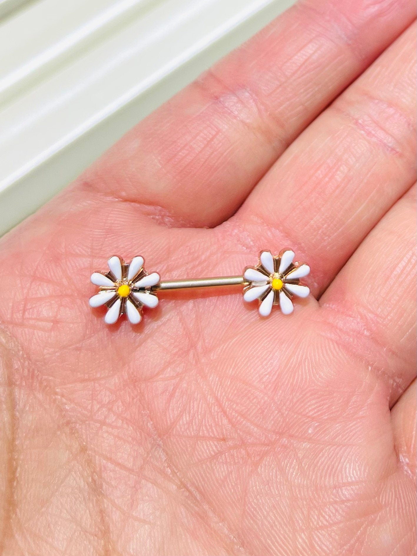 Pair of 14G Rose Gold Dainty Daisy Flower Nipple Barbells. Nipple Piercing. Nipple Rings. Body Jewelry. Nipple Jewelry. Daisy Nipple Ring.