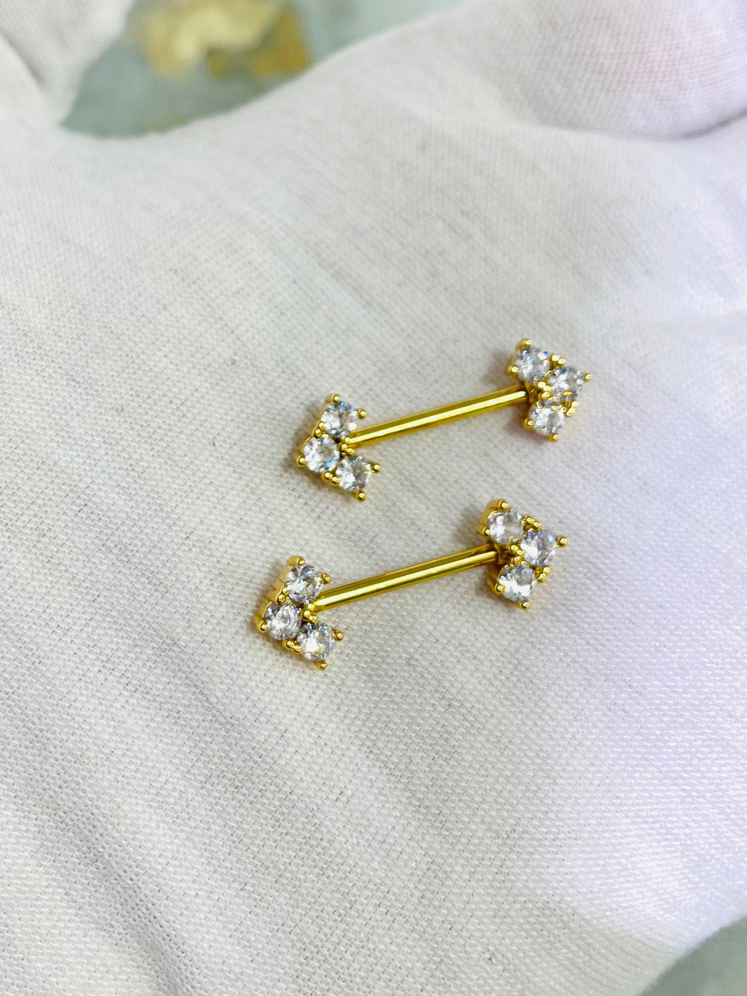 Pair of 14G Gold Elegant Sparkling Triple Gem Nipple Barbells. Nipple Rings. Nipple Piercing. Nipple Jewelry. Body Jewelry.