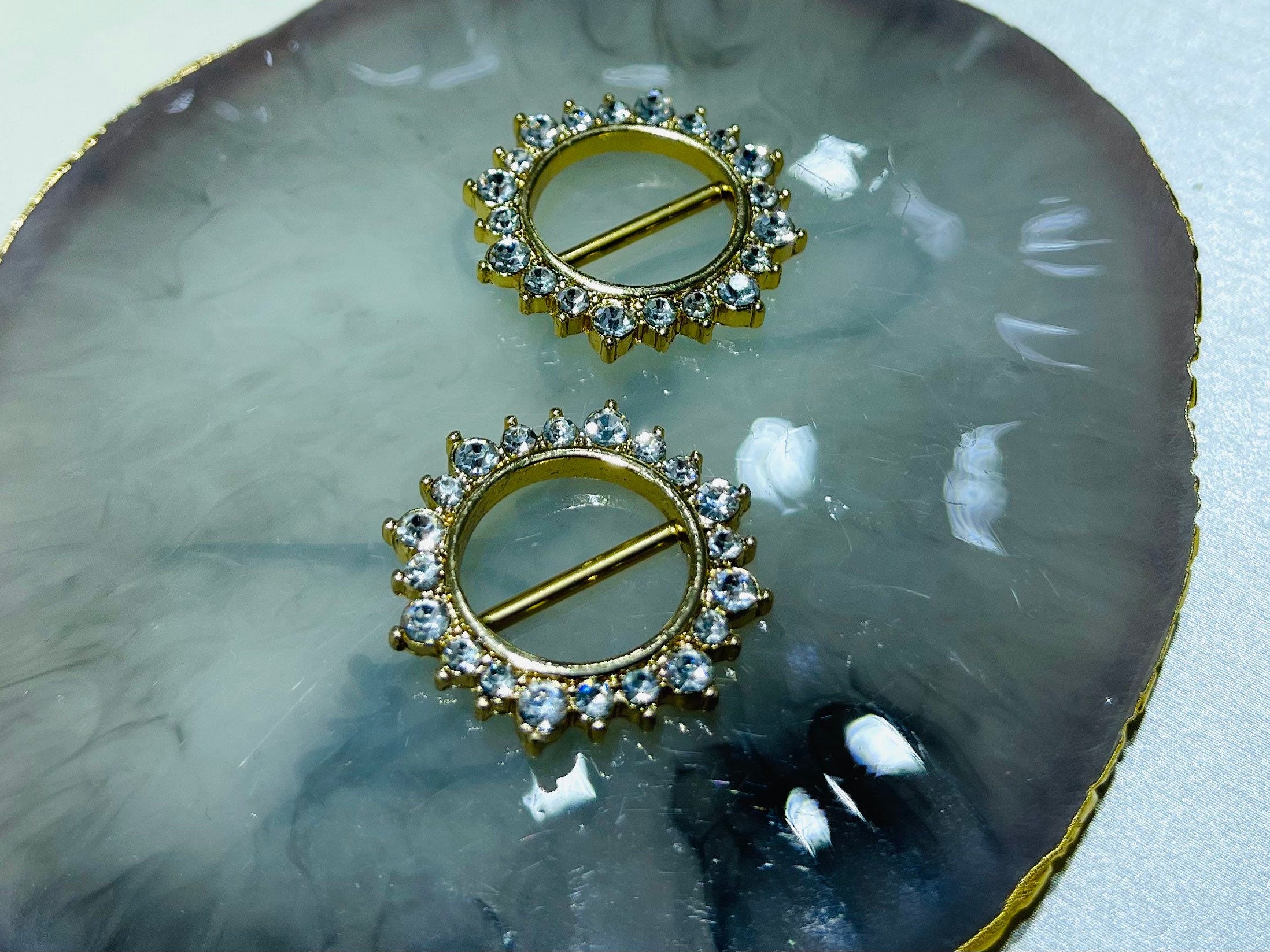 Pair of 14G Gold Sunburst Clear Gems Nipple Clicker Shield. Nipple Rings. Nipple Clicker. Nipple Shield. Nipple Piercing. Nipple Jewelry.