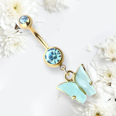 14G Gold & Aqua Acrylic Butterly Dangling Belly Button Ring. Navel Ring. Navel Piercing. Belly Ring. Body Jewelry. Body Piercing.