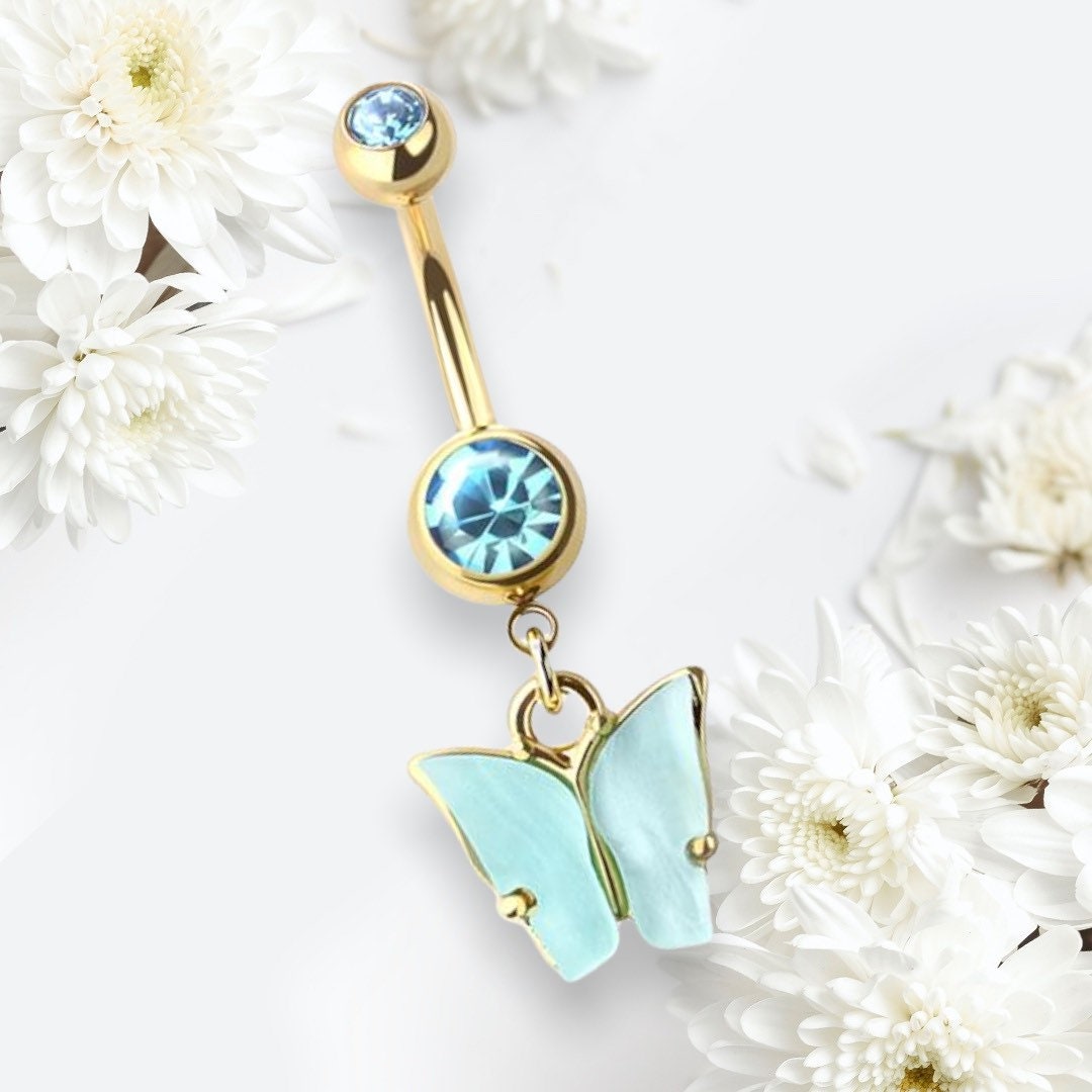 14G Gold & Aqua Acrylic Butterly Dangling Belly Button Ring. Navel Ring. Navel Piercing. Belly Ring. Body Jewelry. Body Piercing.