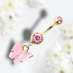 14G Gold & Pink Acrylic Butterly Dangling Belly Button Ring. Navel Ring. Navel Piercing. Belly Ring. Body Jewelry. Body Piercing.