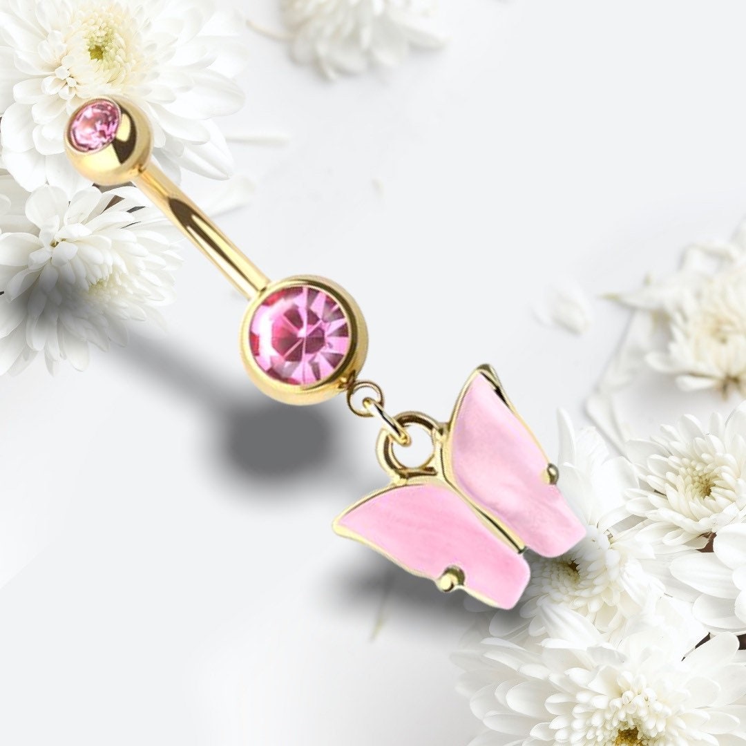 14G Gold & Pink Acrylic Butterly Dangling Belly Button Ring. Navel Ring. Navel Piercing. Belly Ring. Body Jewelry. Body Piercing.