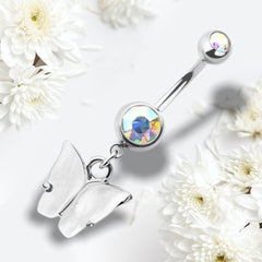 14G Silver & White Acrylic Butterly Dangling Belly Button Ring. Navel Ring. Navel Piercing. Belly Ring. Body Jewelry. Body Piercing.