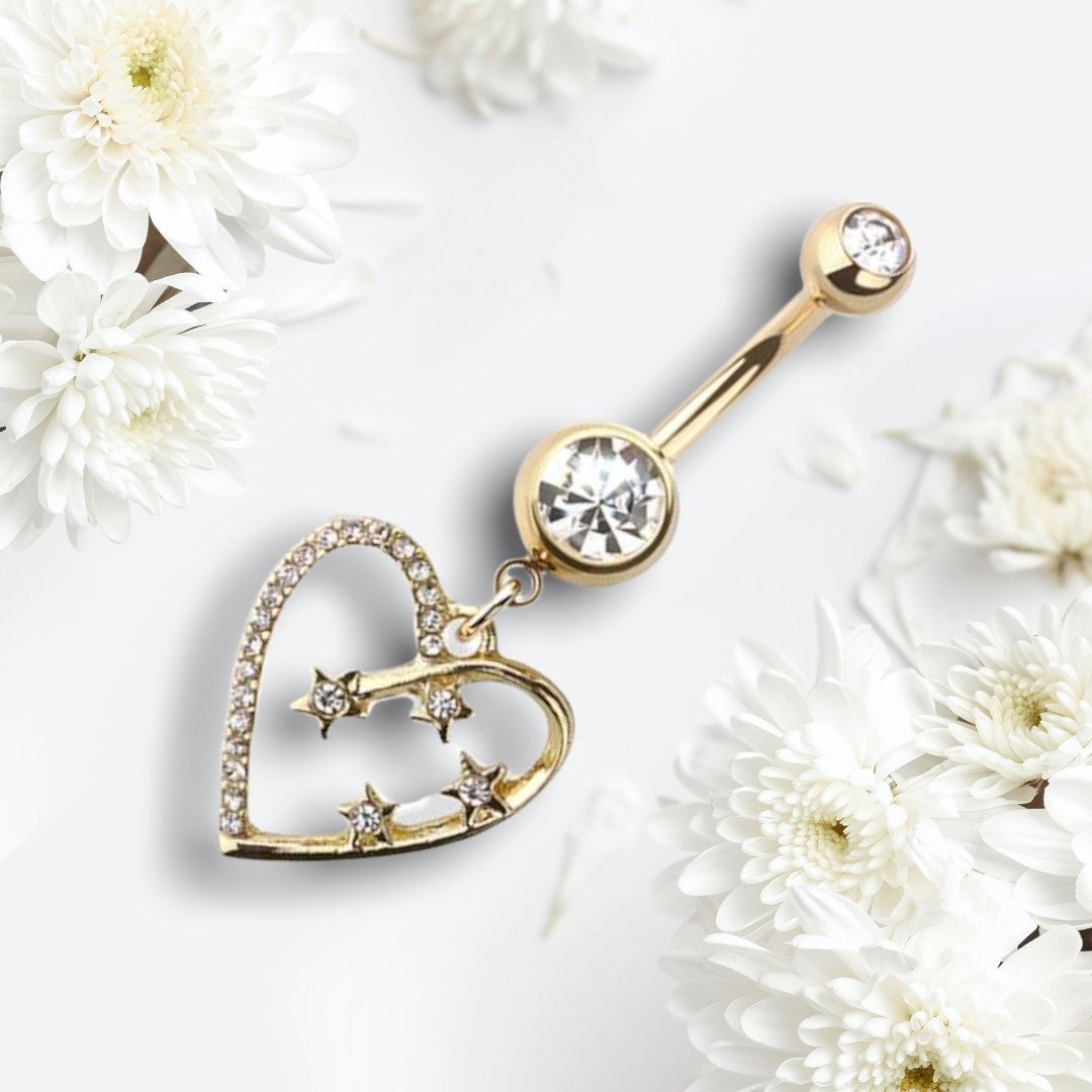 Golden Heart &Shooting Stars Belly Button Ring. Navel Ring. Navel Piercing. Belly Ring. Body Jewelry