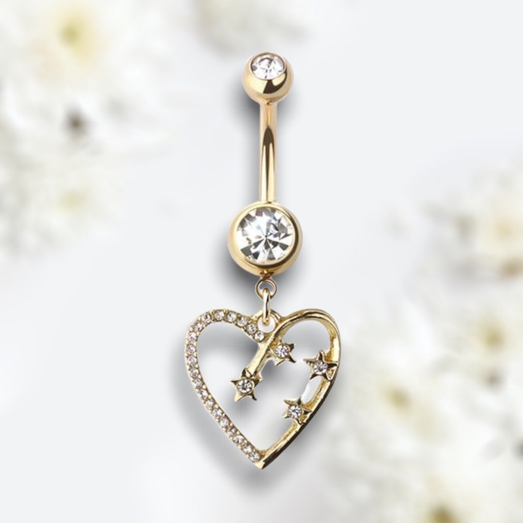 Golden Heart &Shooting Stars Belly Button Ring. Navel Ring. Navel Piercing. Belly Ring. Body Jewelry