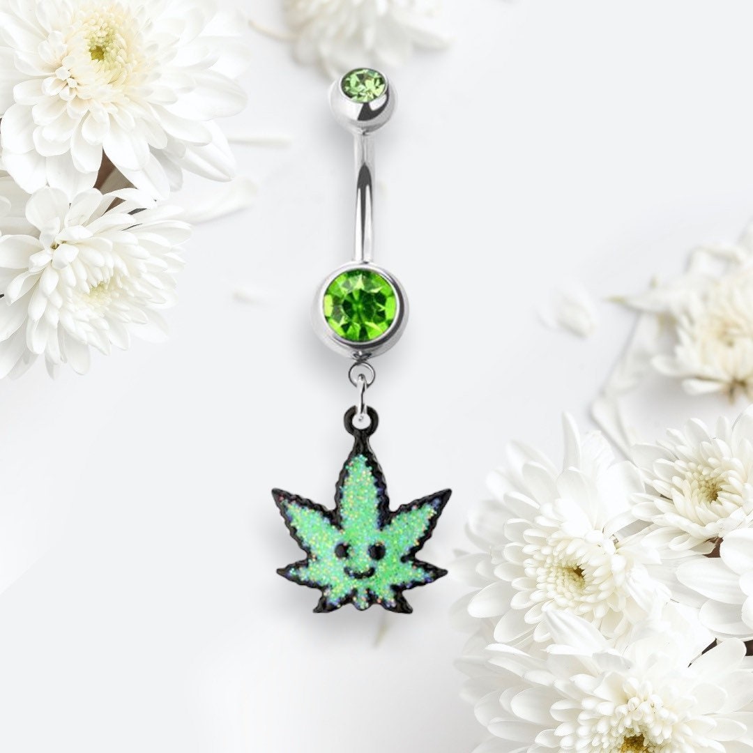 Silver Green Glitter smiling Face Marijuana Dangling Belly Button Ring. Belly Ring. Belly Piercing