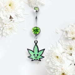 Silver Green Glitter smiling Face Marijuana Dangling Belly Button Ring. Belly Ring. Belly Piercing