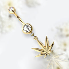 Gold Marijuana Dangling Belly Button Ring