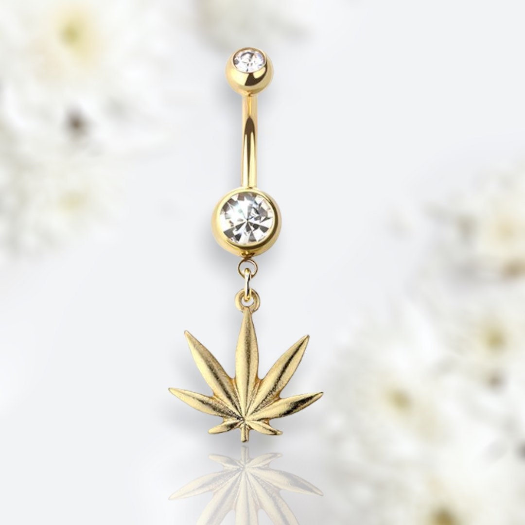 Gold Marijuana Dangling Belly Button Ring