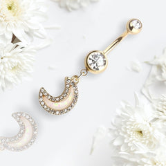 Golden White Opal Moon Dangling Belly Button Ring