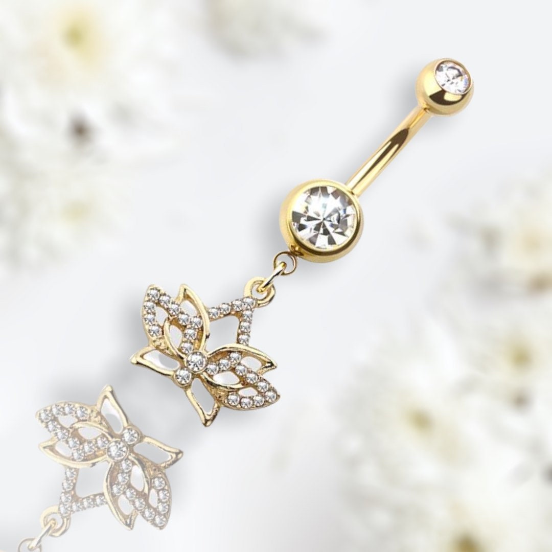 Golden Lotus Flower Dangling Belly Button Ring