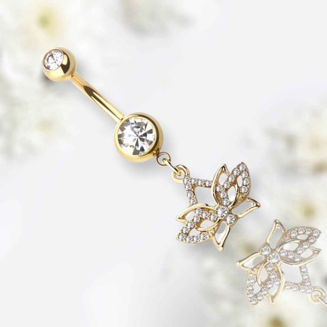 Golden Lotus Flower Dangling Belly Button Ring