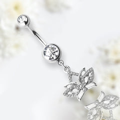 Silver Lotus Flower with Clear Gems Dangling Belly Button Ring