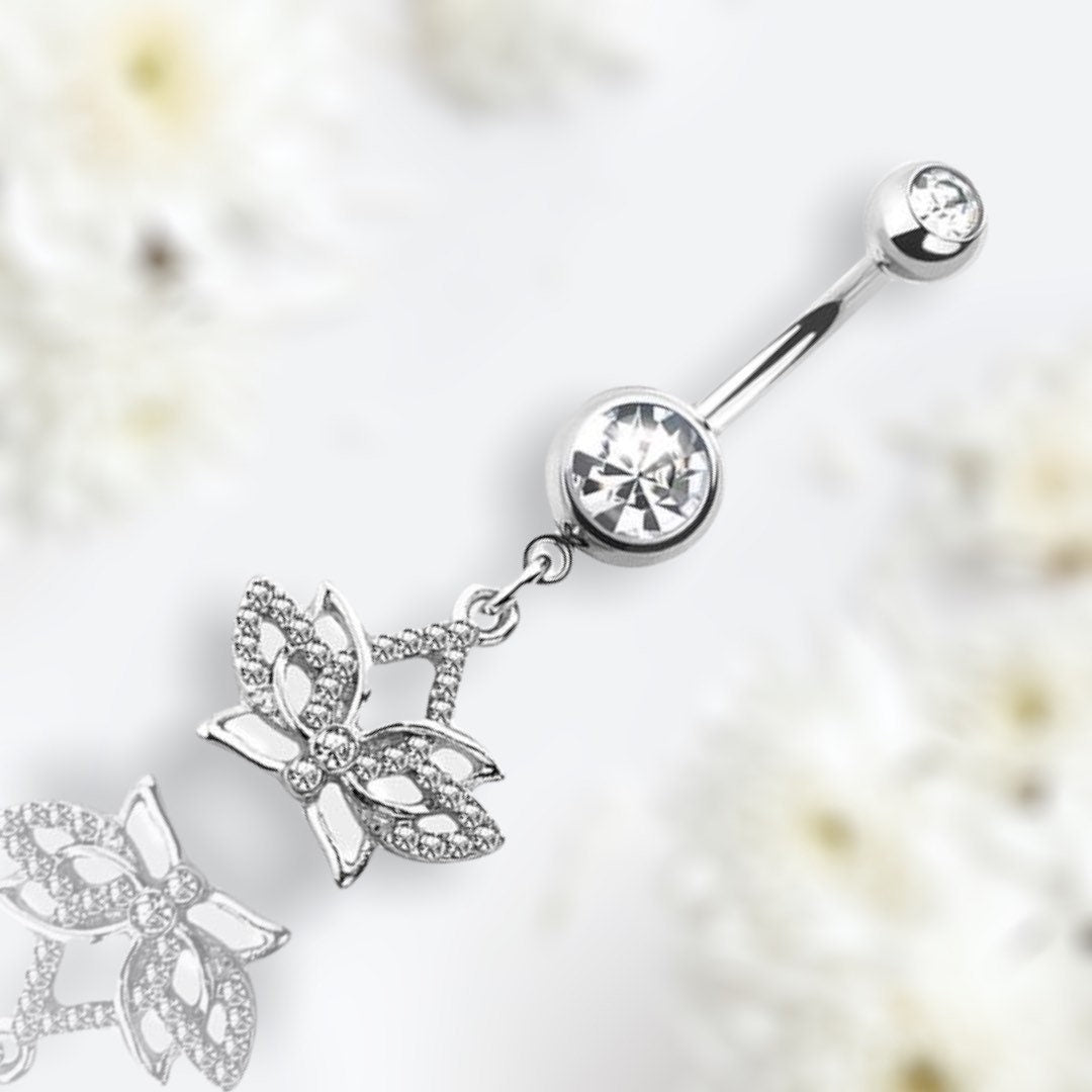 Silver Lotus Flower with Clear Gems Dangling Belly Button Ring