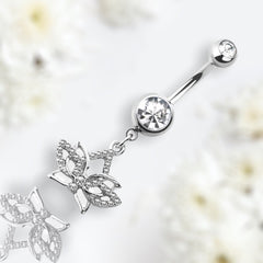 Silver Lotus Flower with Clear Gems Dangling Belly Button Ring