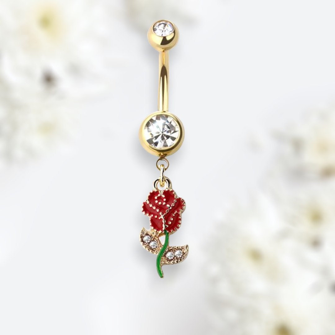 Golden Red Rose with Clear Stones Dangling Belly Button Ring