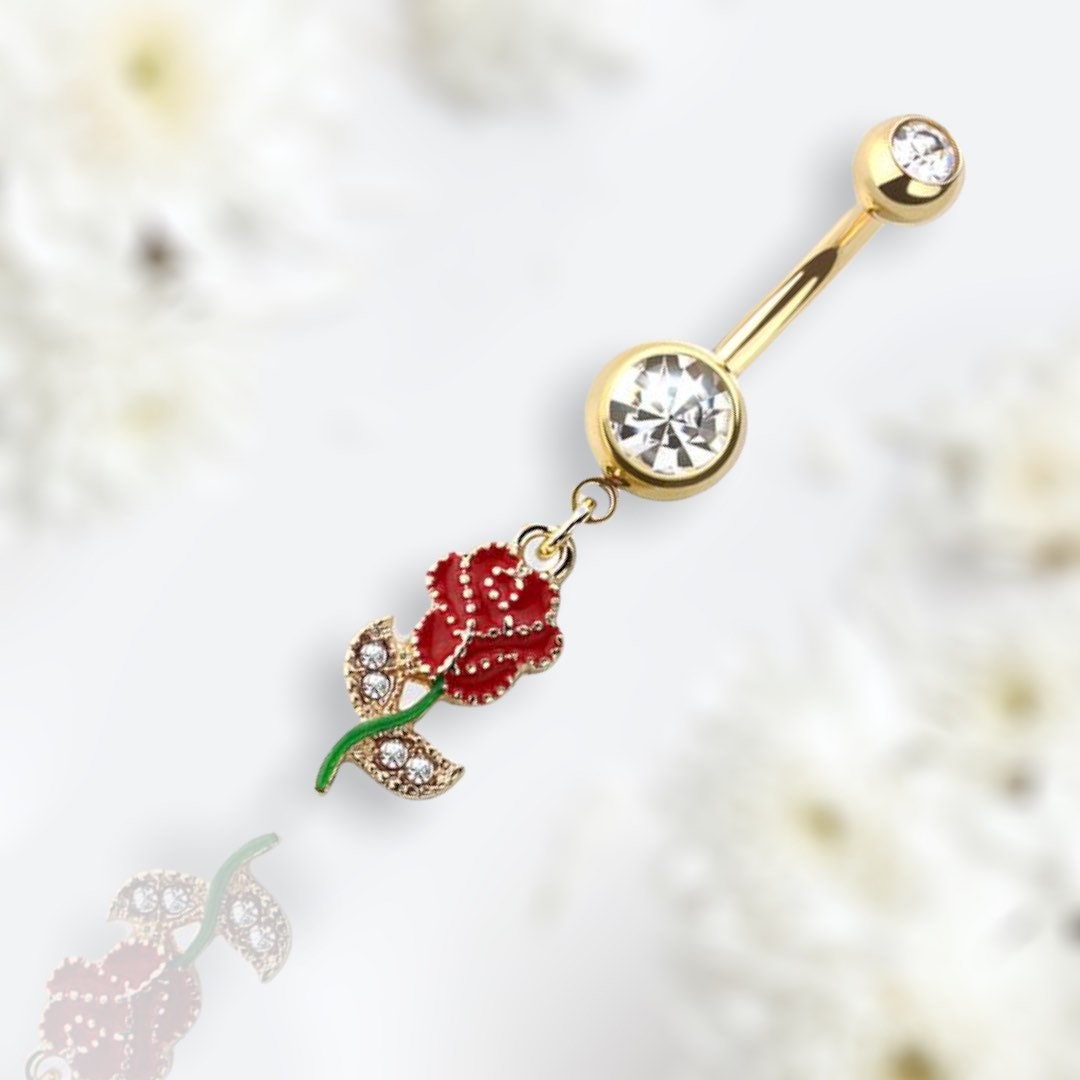 Golden Red Rose with Clear Stones Dangling Belly Button Ring