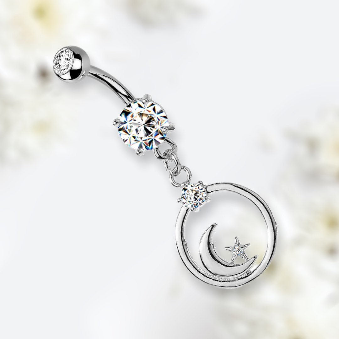 Silver Crescent Moon and Star with Clear Gem Dangling Belly Button Ring