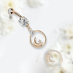 Rose Gold Crescent Moon and Star with Clear Gem Dangling Belly Button Ring